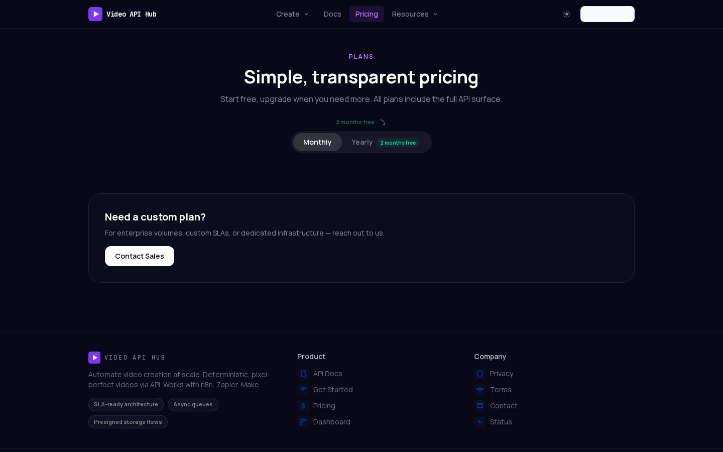 Video API Hub Pricing