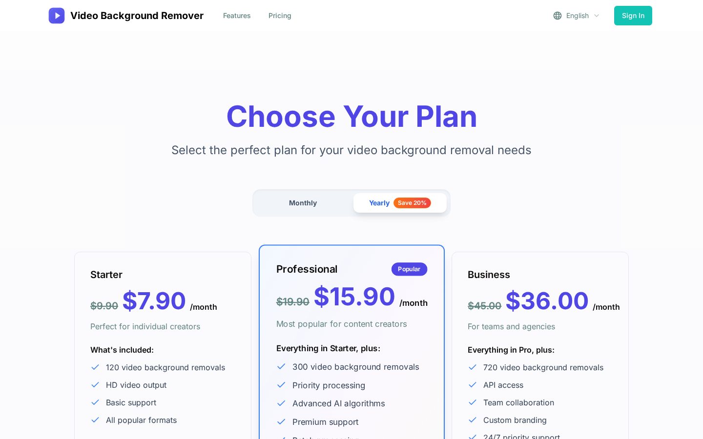 Video Background Remover Pricing