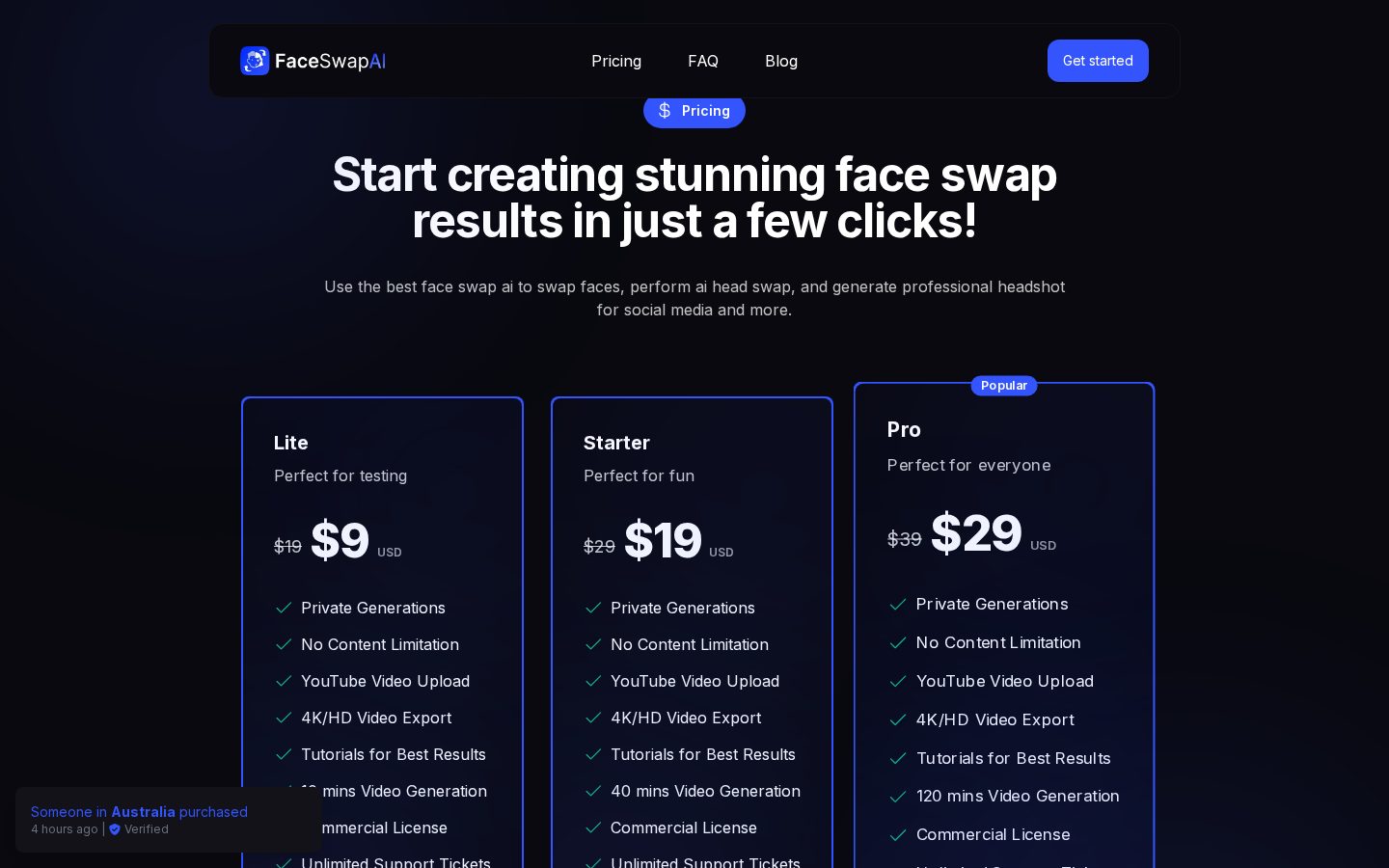 Video Face Swap AI Pricing