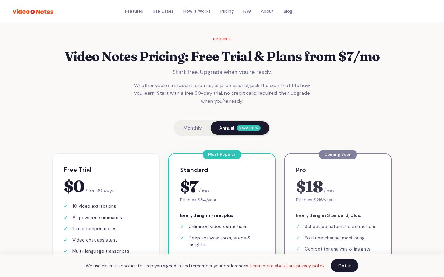 Video Notes Pricing