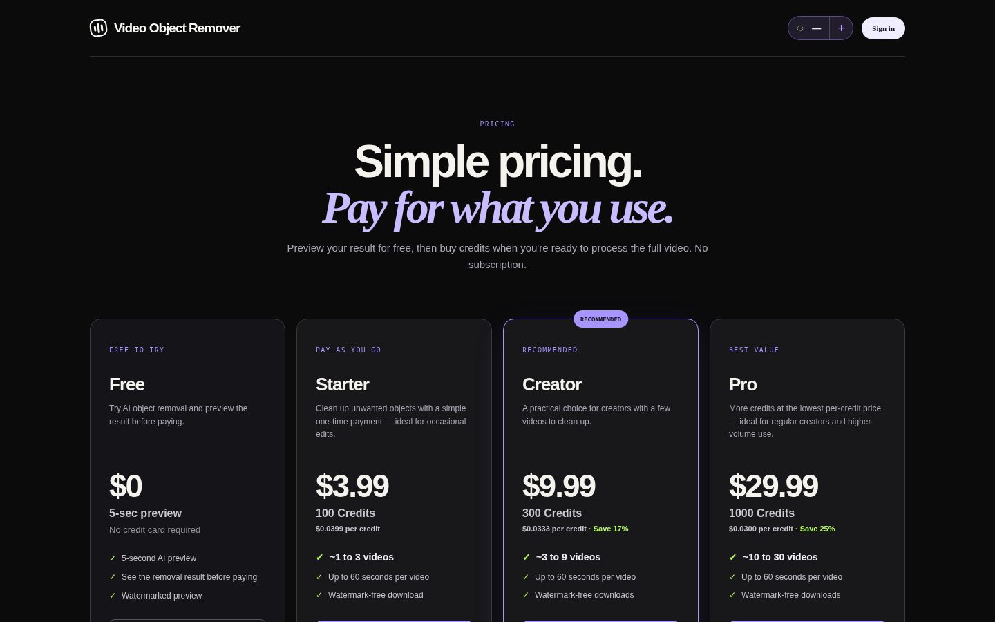Video Object Remover Pricing