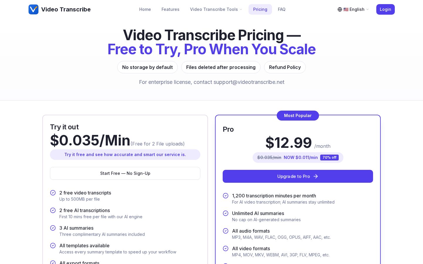Video Transcribe Pricing