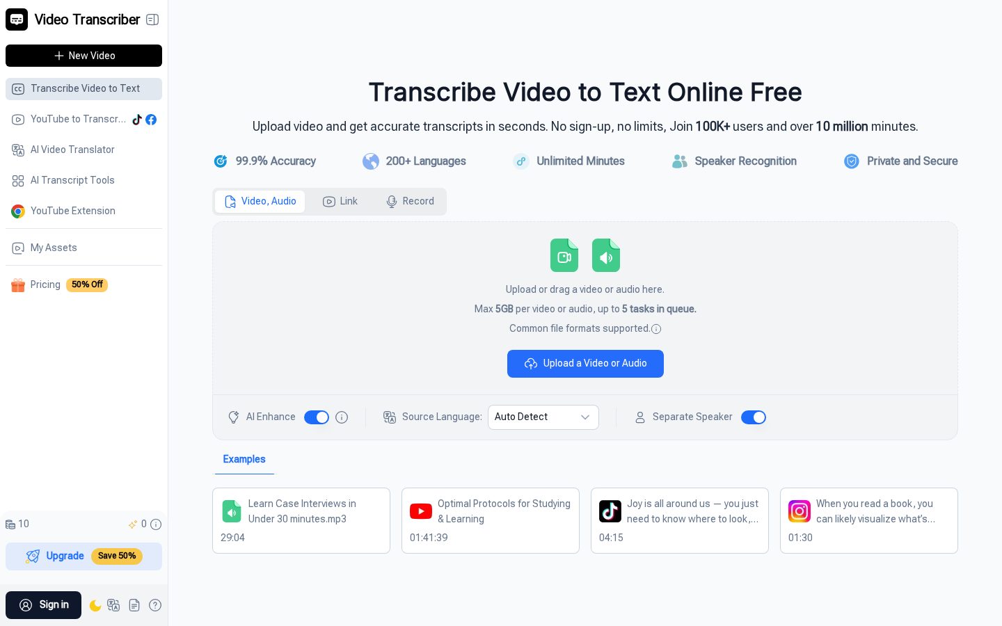 Video Transcriber Homepage