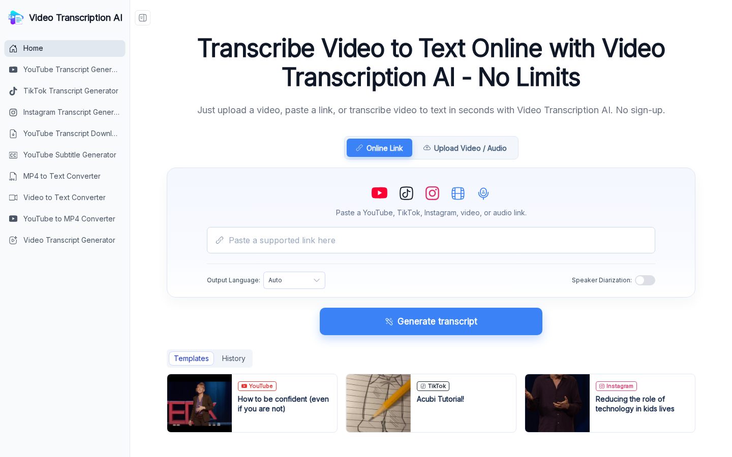 Video Transcription AI Homepage