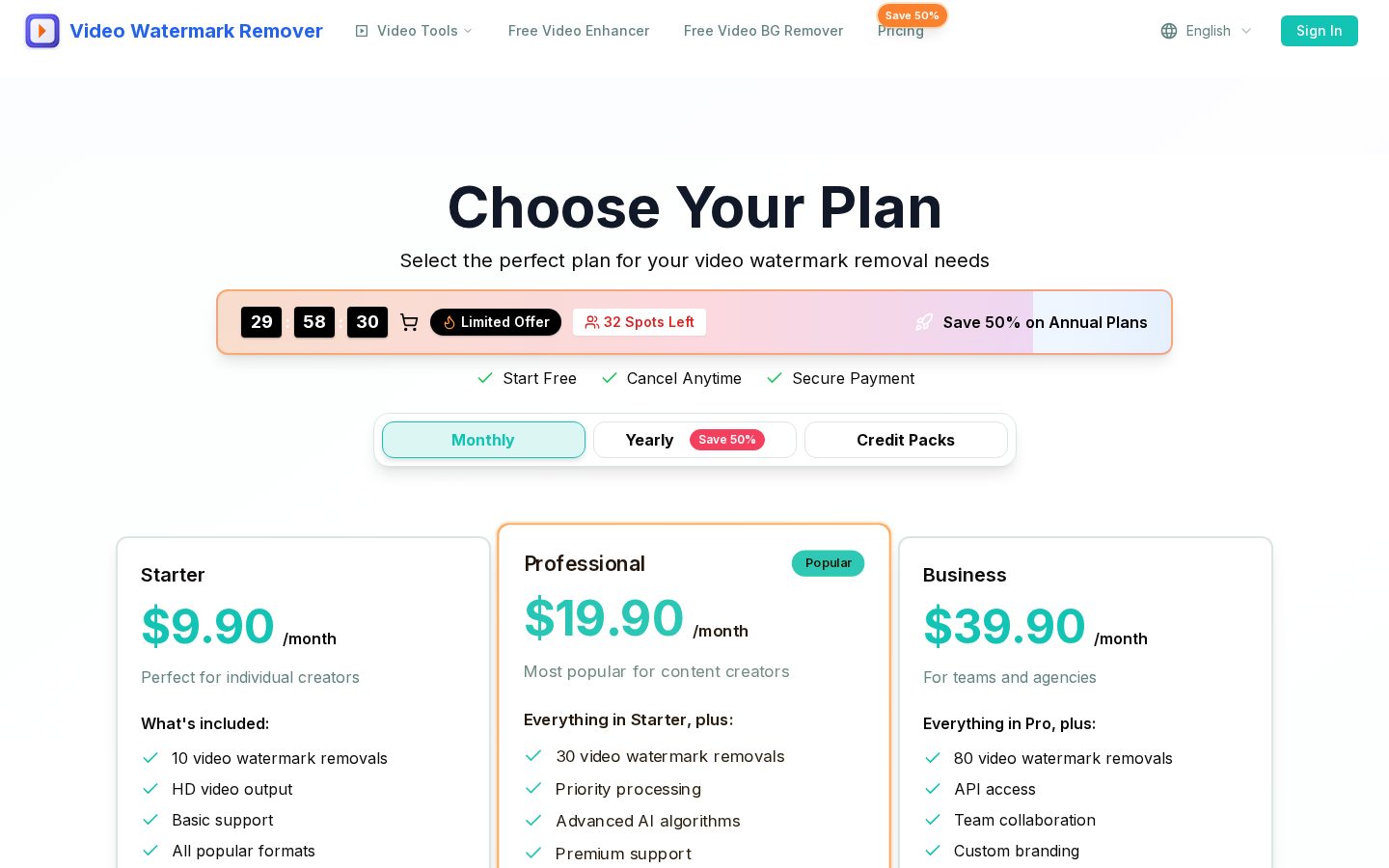 Video Watermark Remover AI Pricing