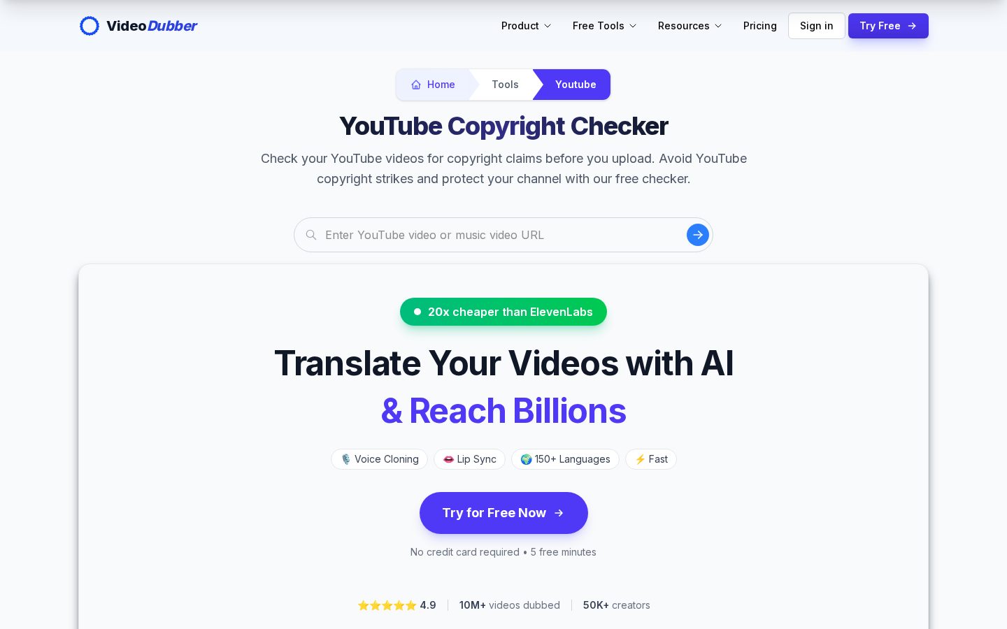 VideoDubber's YouTube Copyright Checker Homepage