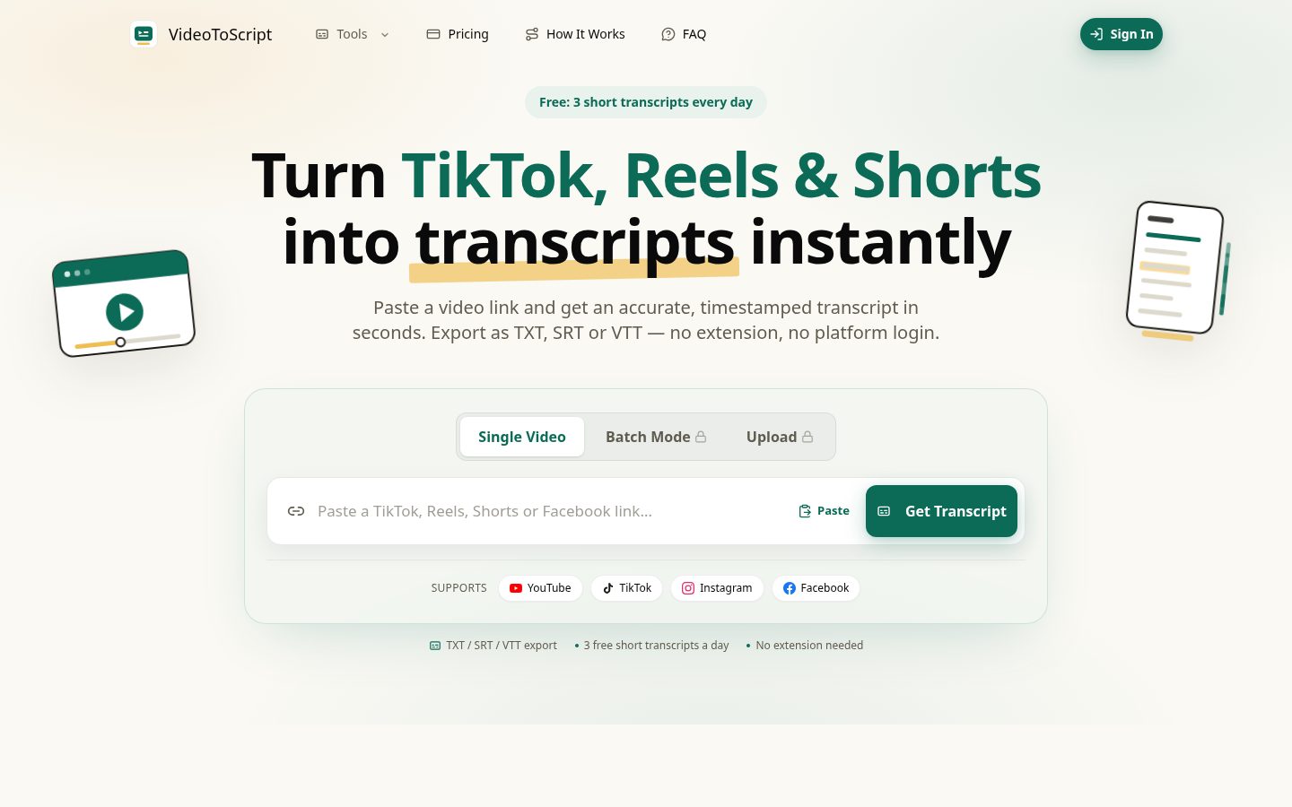 VideoToScript Homepage