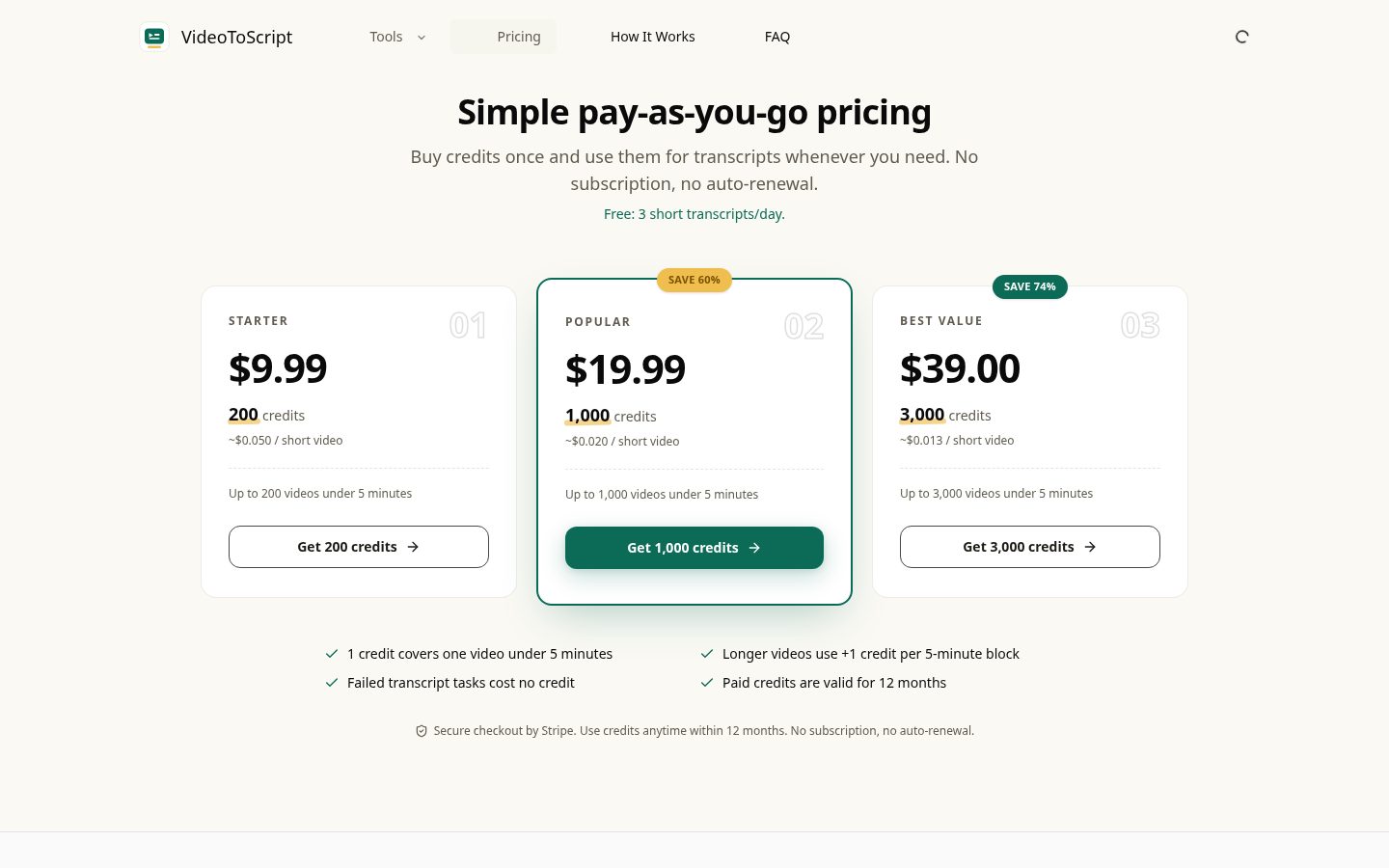 VideoToScript Pricing