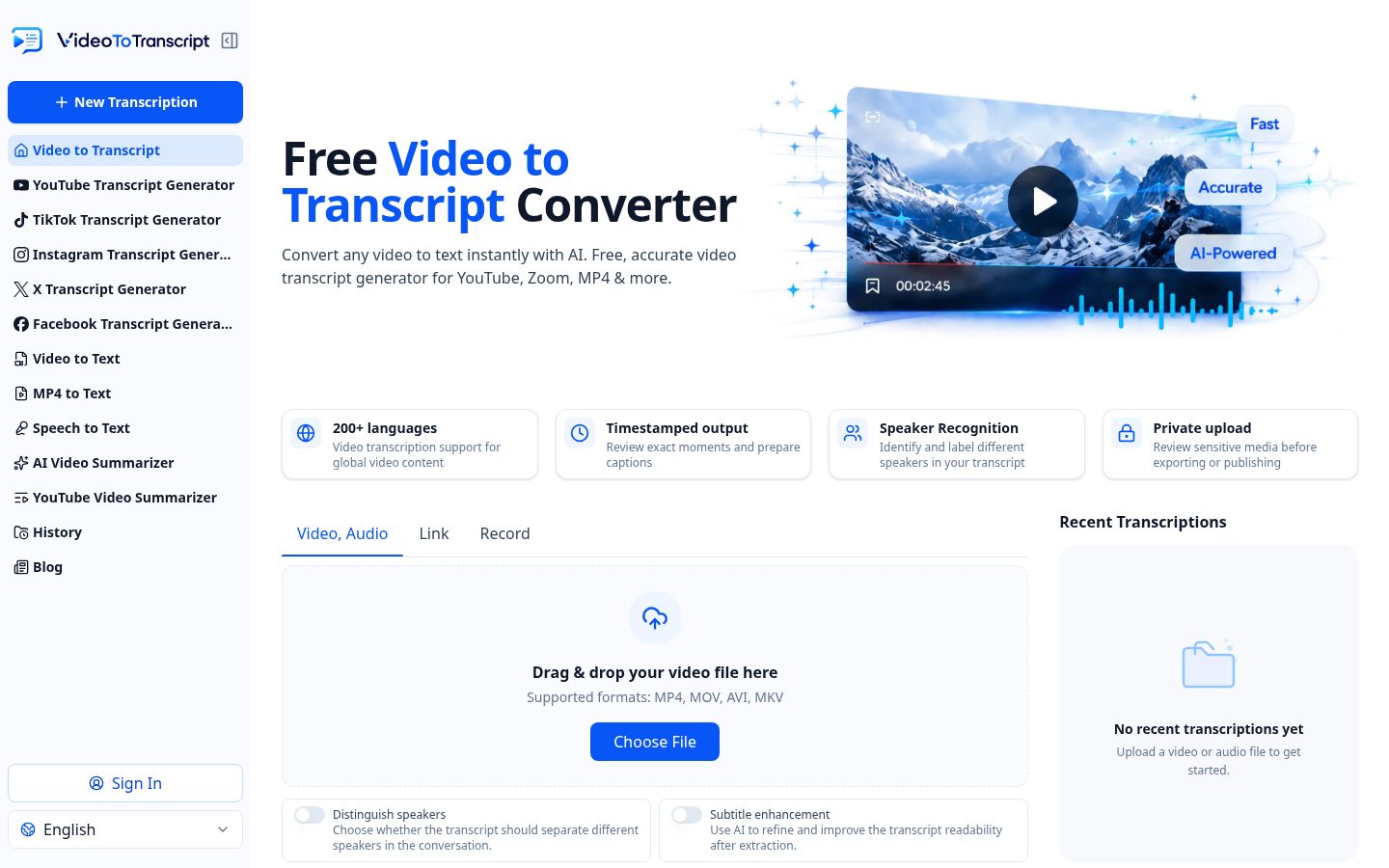 VideoToTranscript Homepage