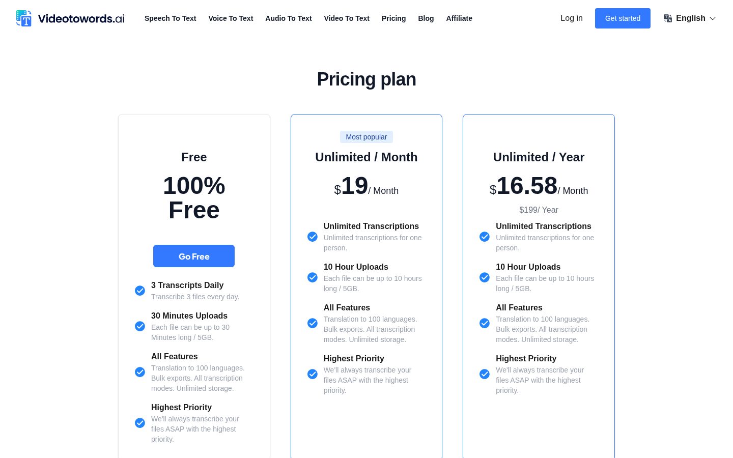 Videotowords Pricing