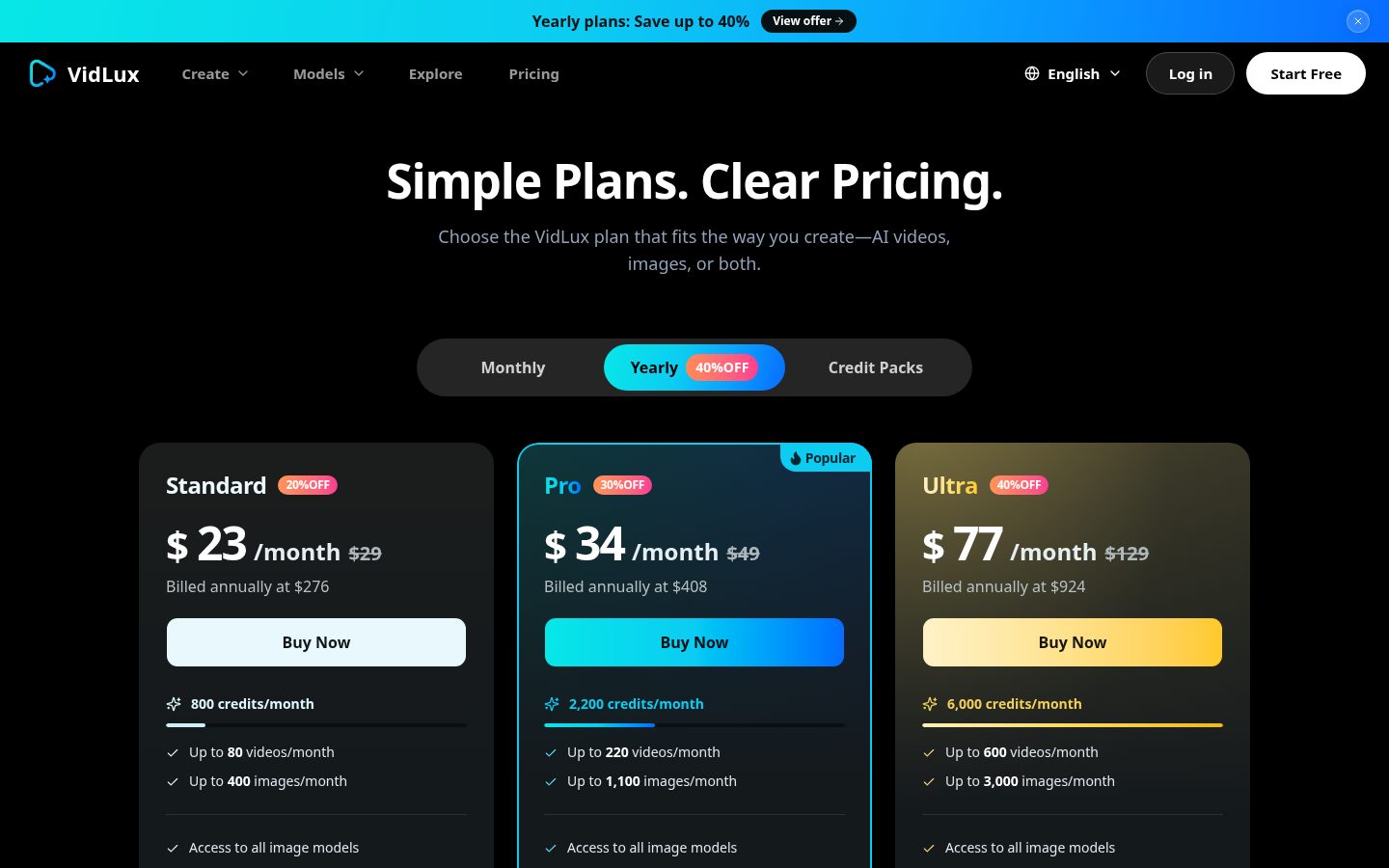 VidLux AI Pricing