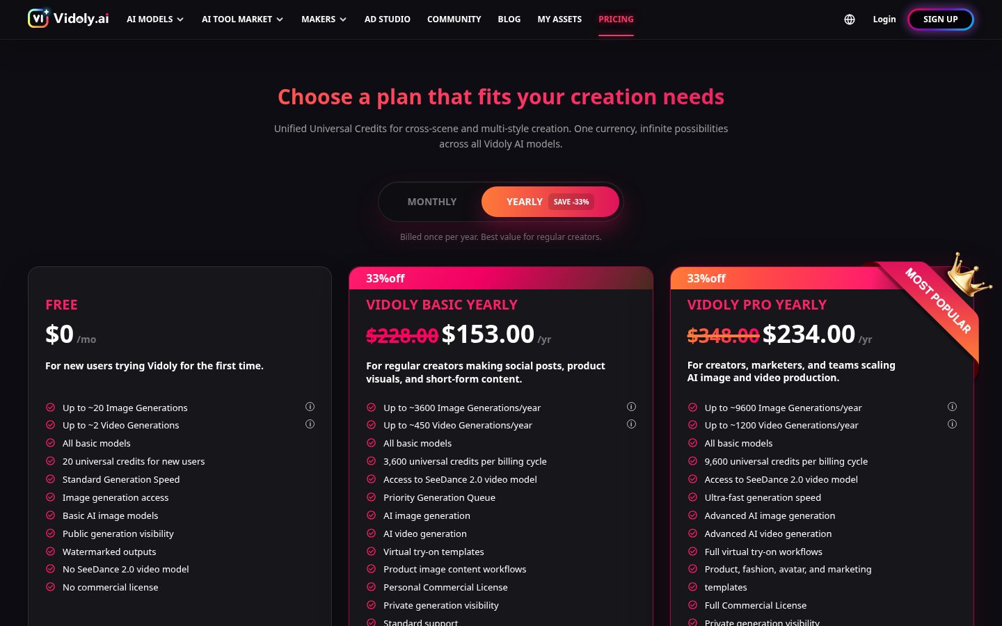 Vidoly AI Pricing