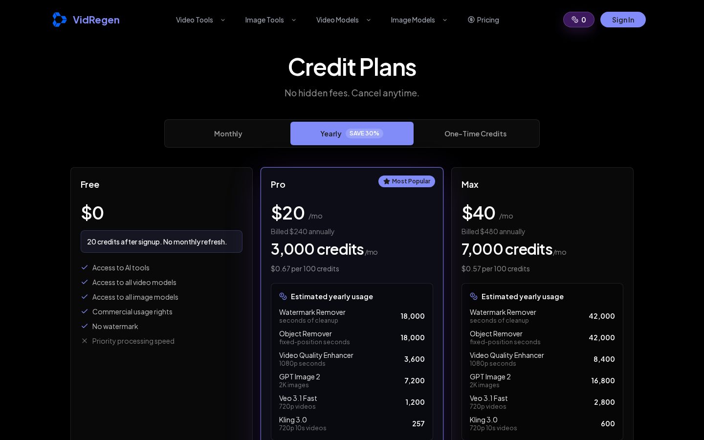Vidregen Pricing
