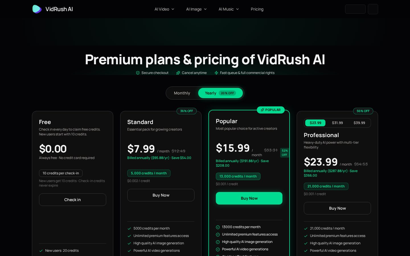 VidRush AI Pricing