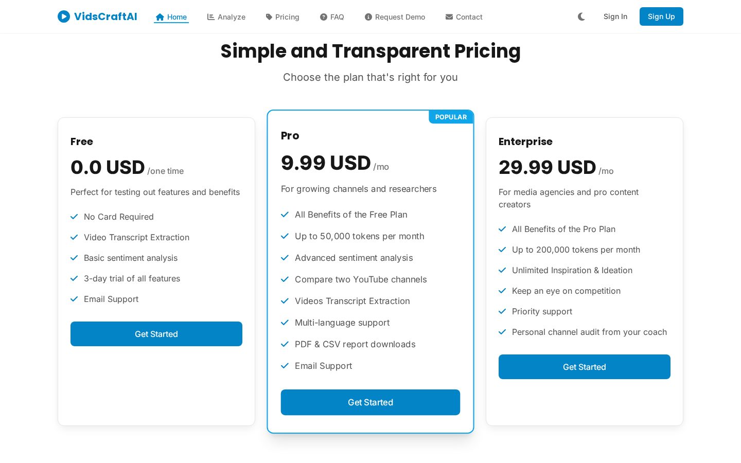 VidsCraftAI Pricing