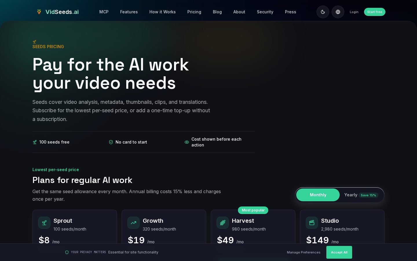 VidSeeds.ai Pricing