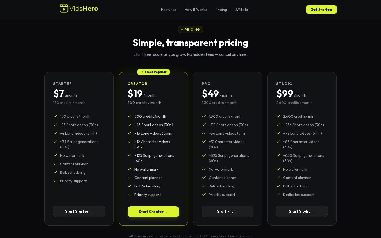 VidsHero Pricing