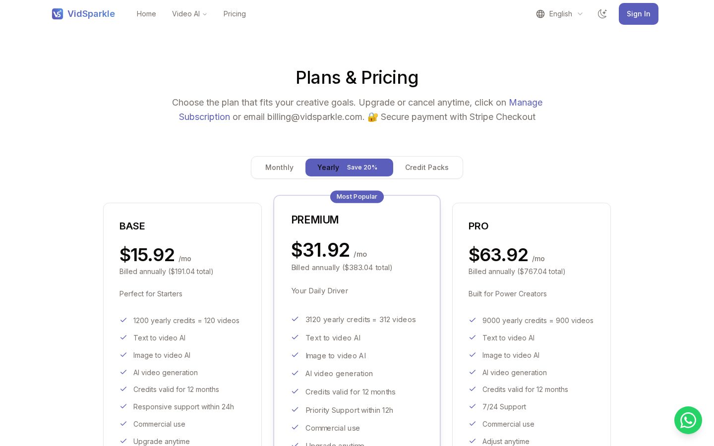 VidSparkle Pricing