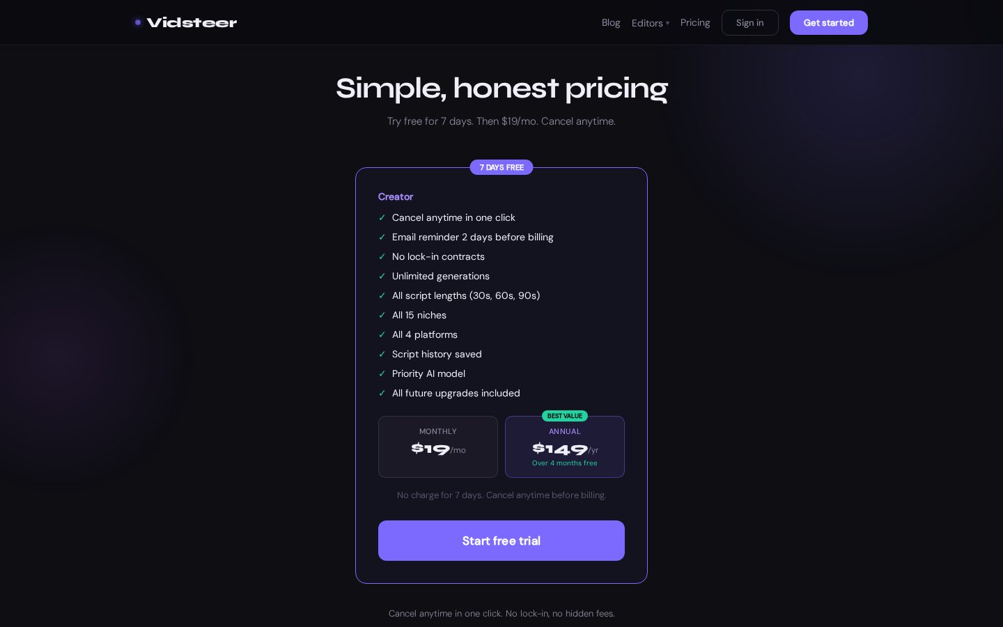Vidsteer Pricing