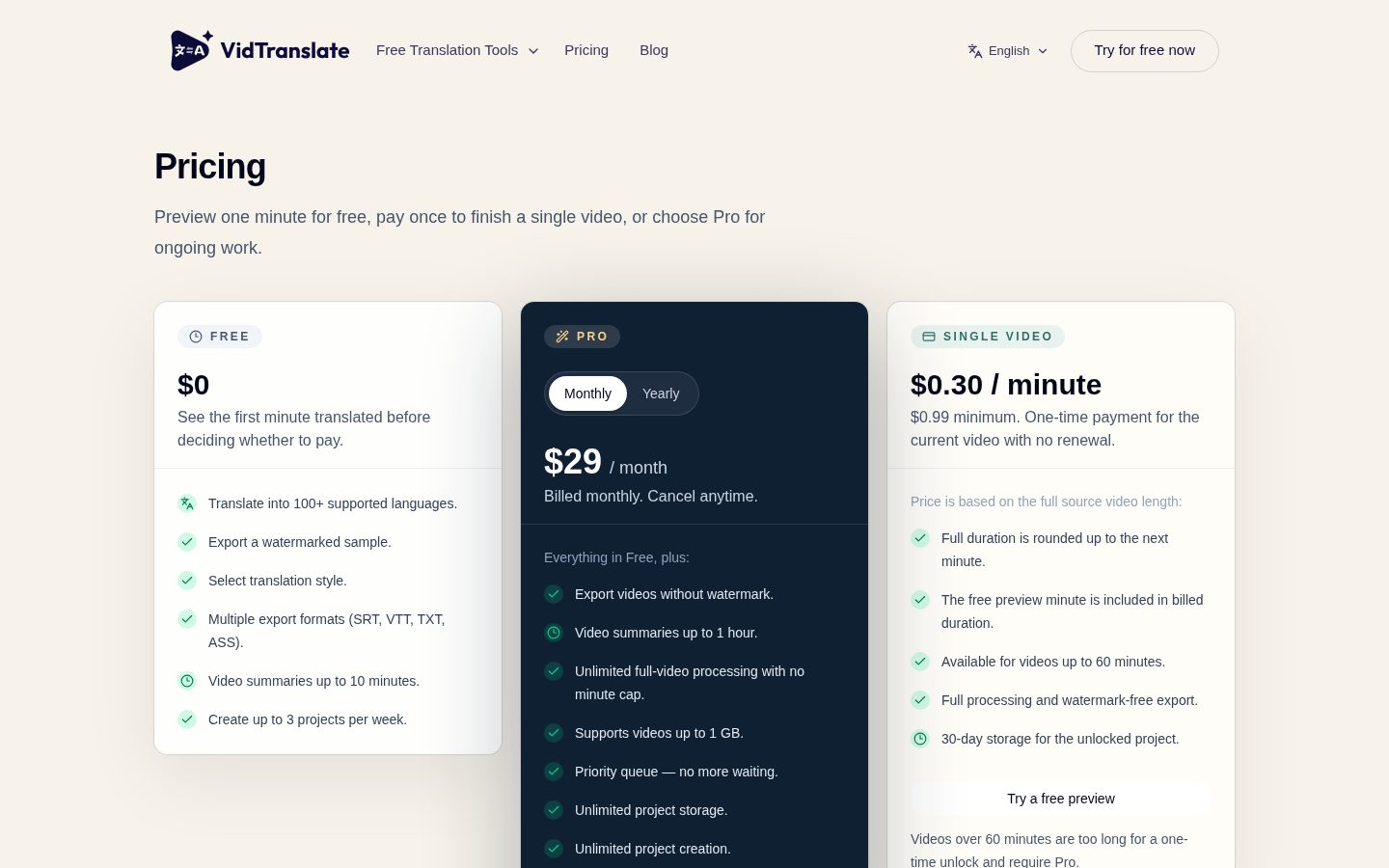 VidTranslate Pricing
