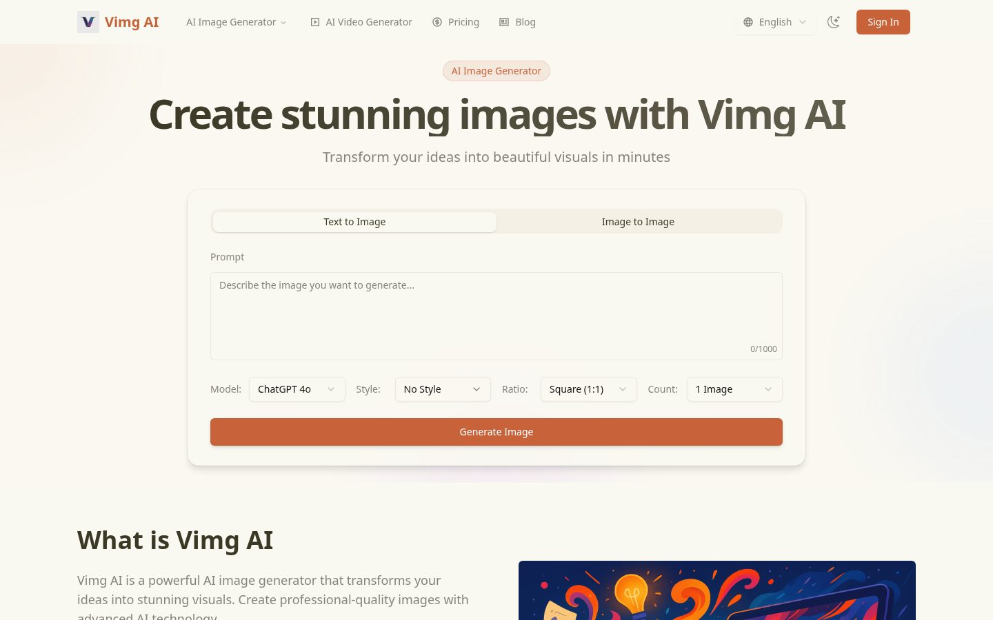 Vimg AI Homepage
