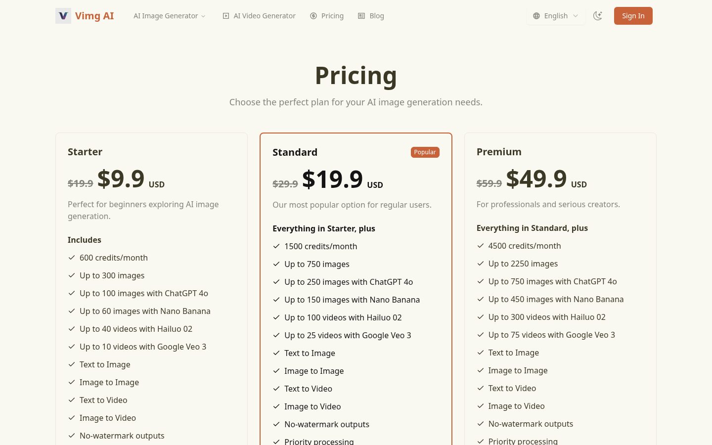 Vimg AI Pricing