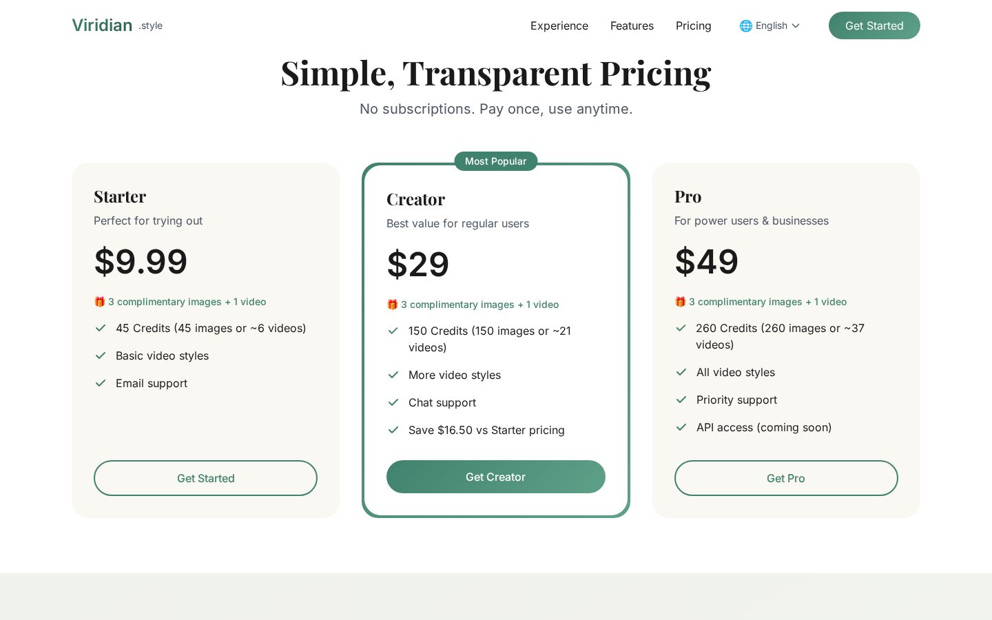 Viridian Style Pricing