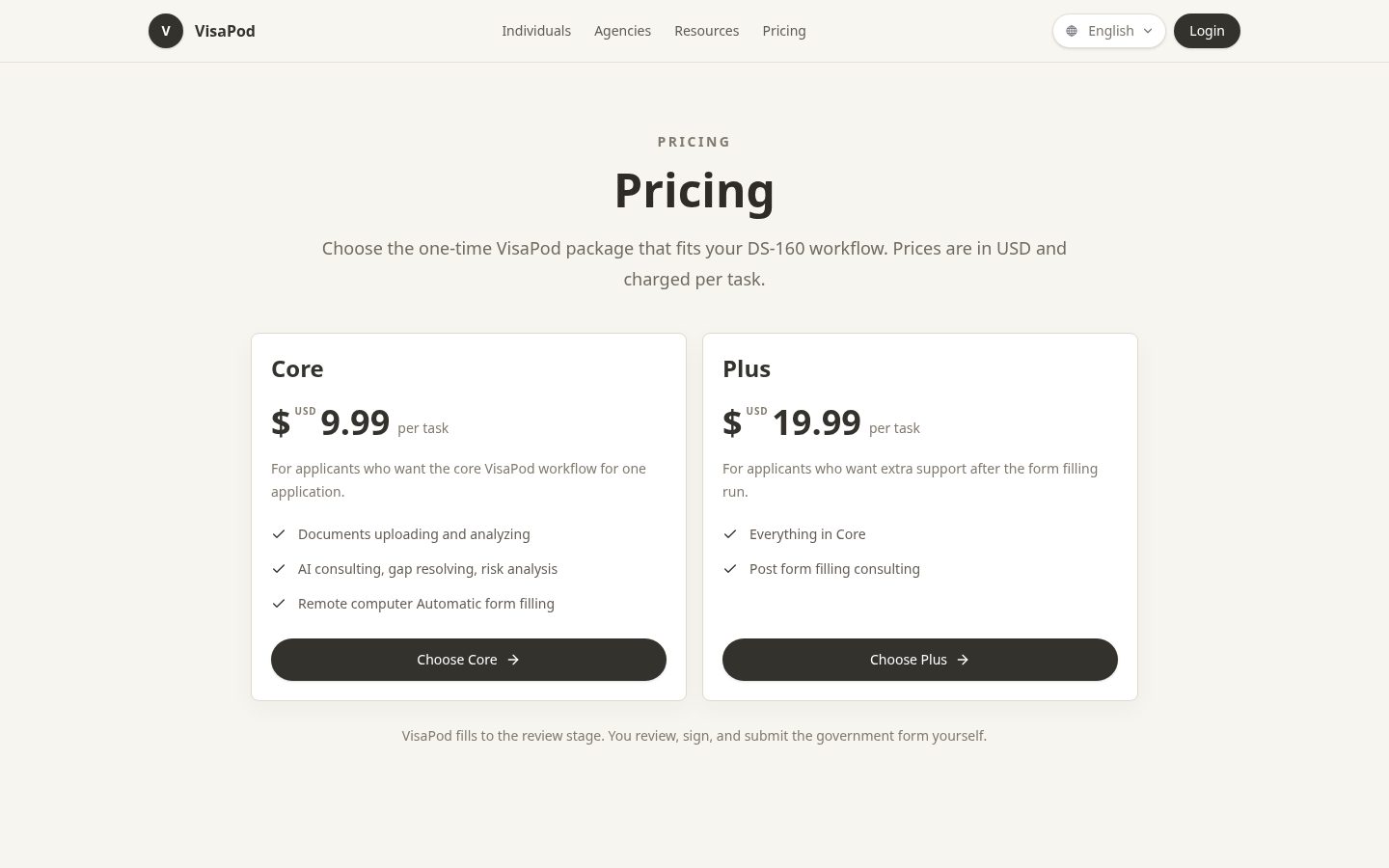 VisaPod Pricing