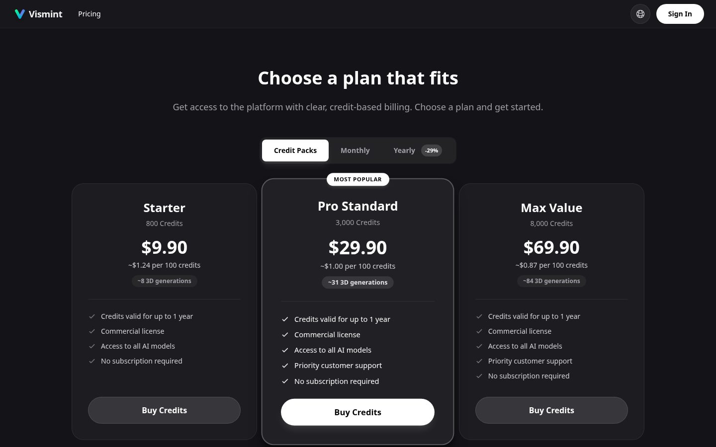 Vismint Pricing