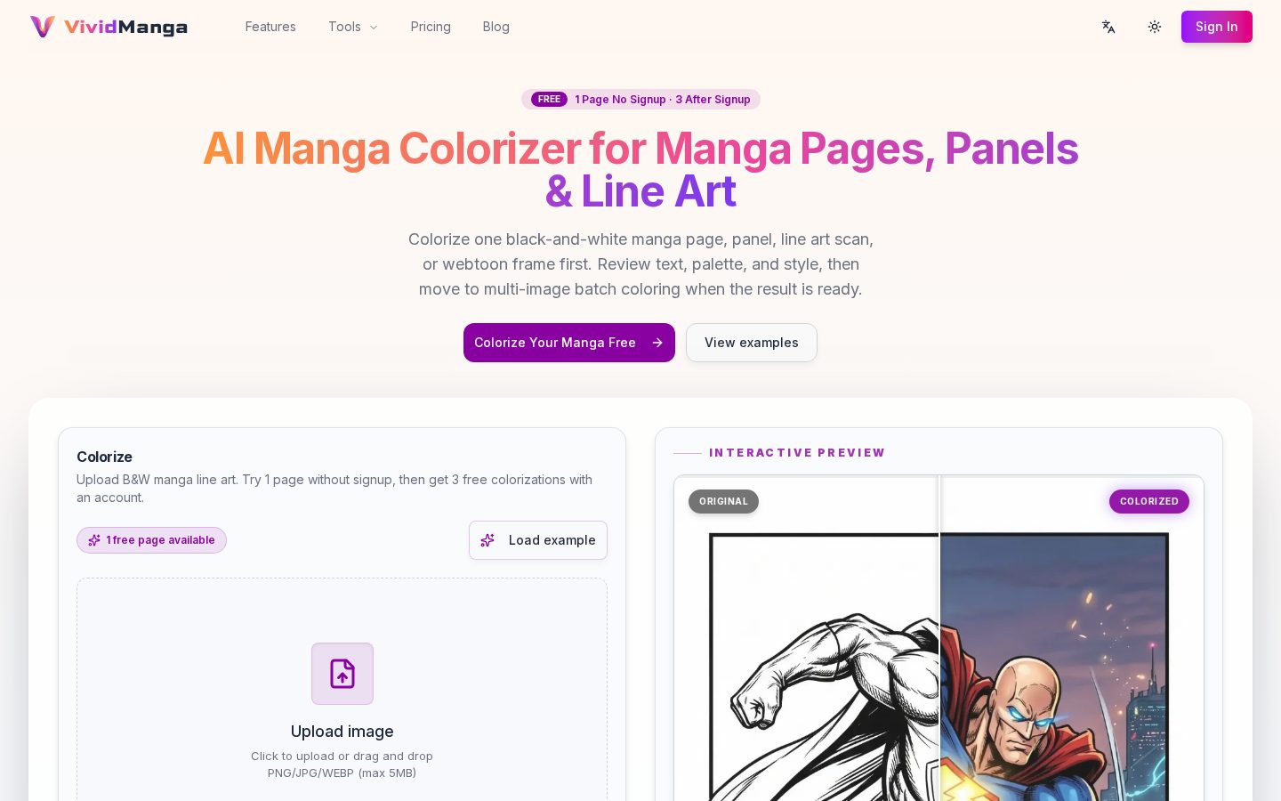 VividManga AI Manga Colorizer Homepage