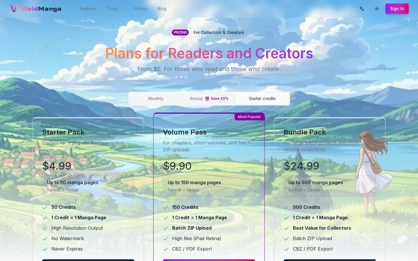 VividManga AI Manga Colorizer Pricing