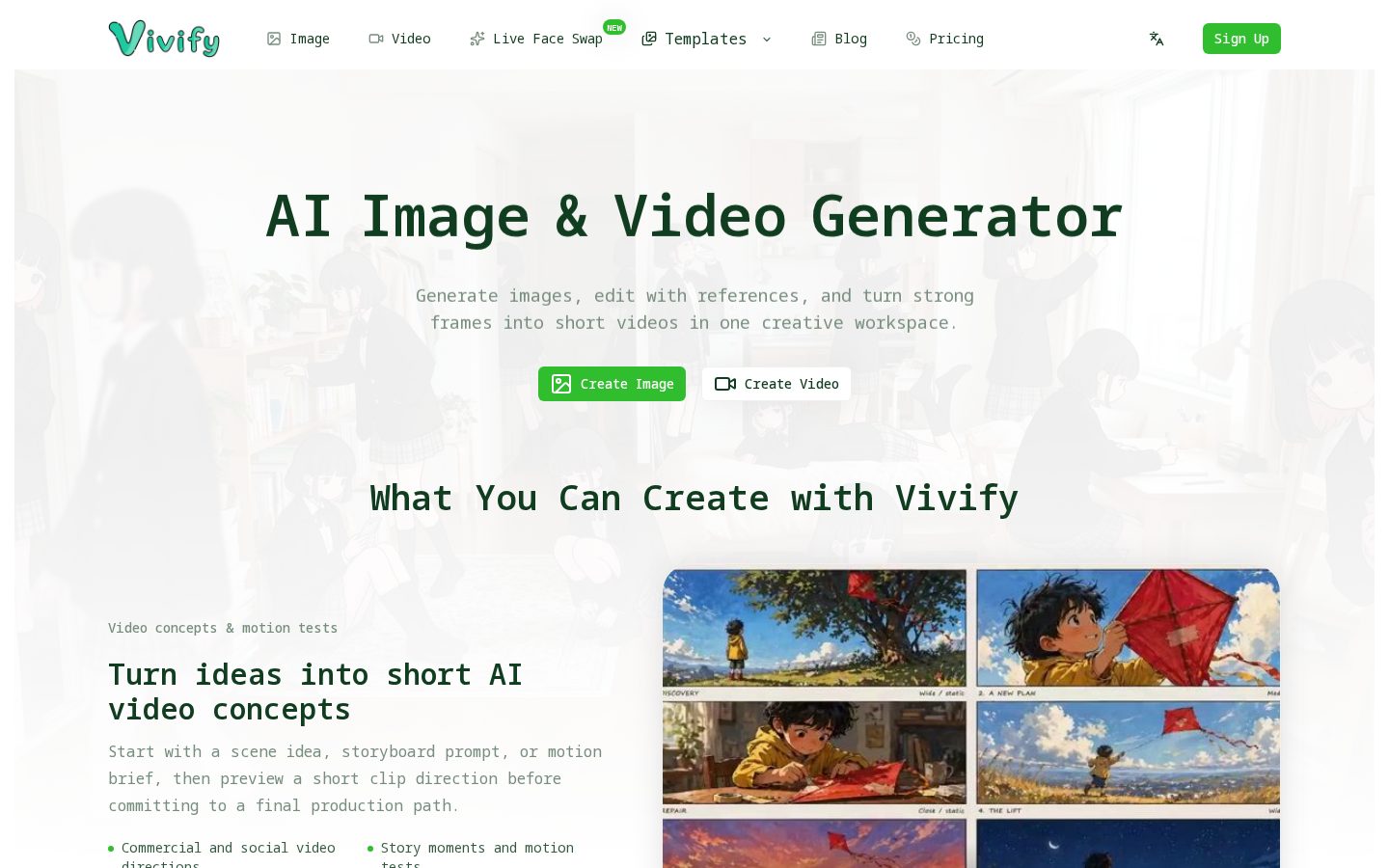 Vivify AI Creation Workspace Homepage