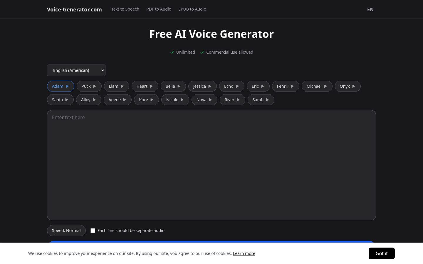 Voice-Generator.com Homepage