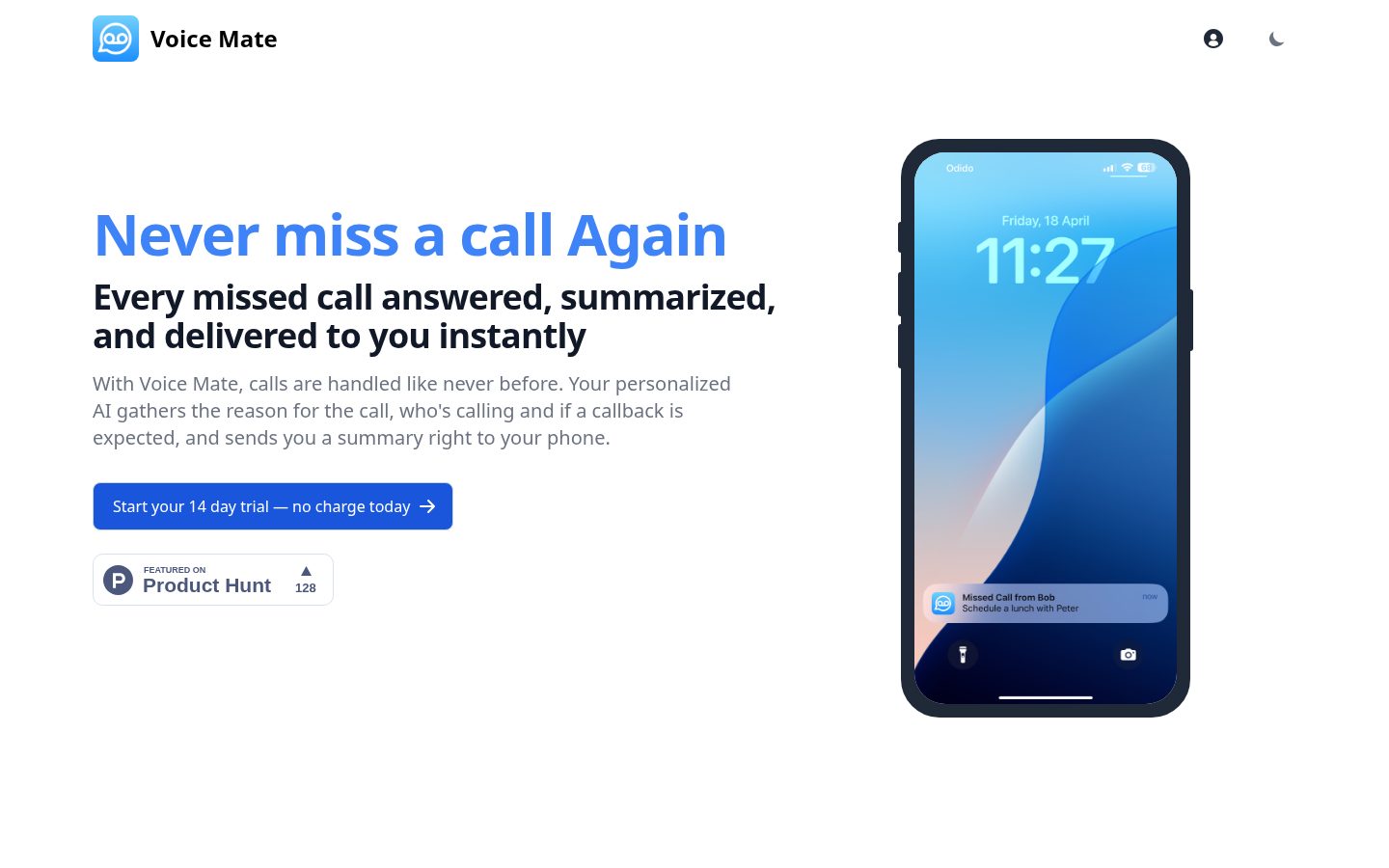 Voice Mate - AI powered Voicemail Homepage