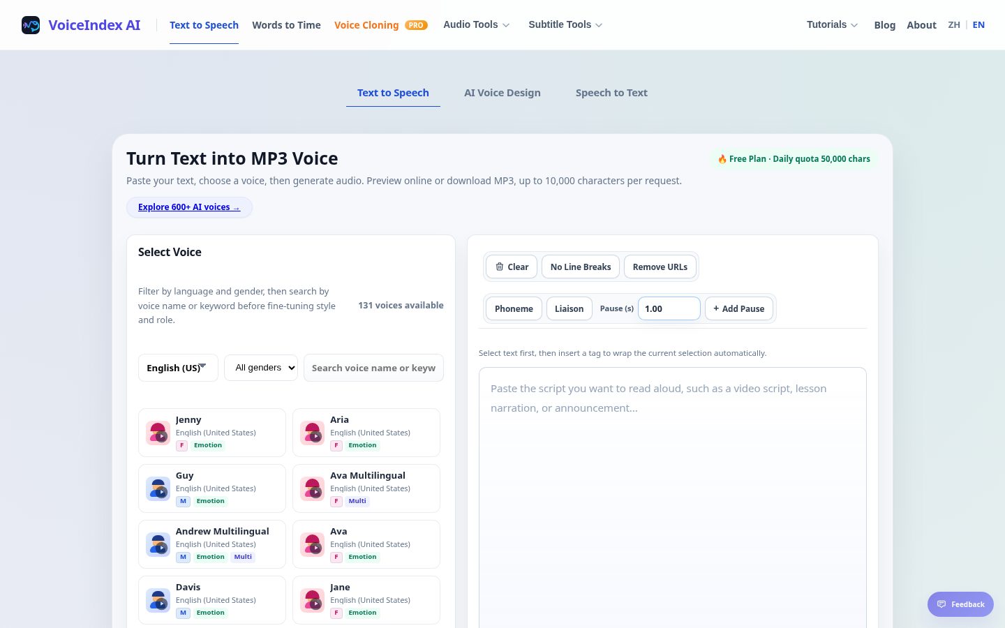 VoiceIndex Text to Speech Homepage