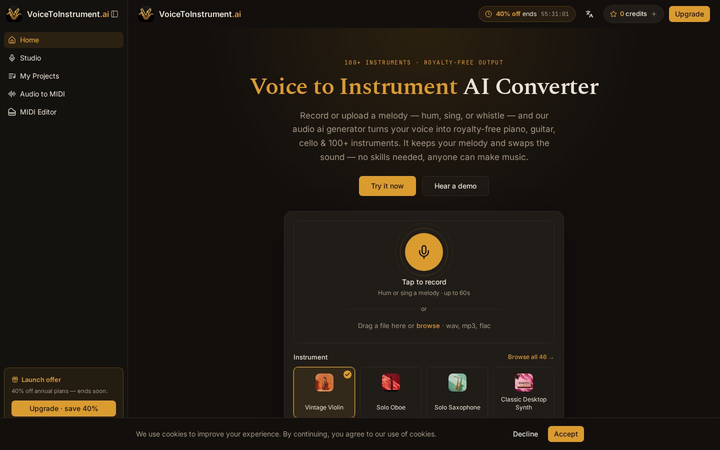 VoiceToInstrument.ai Homepage
