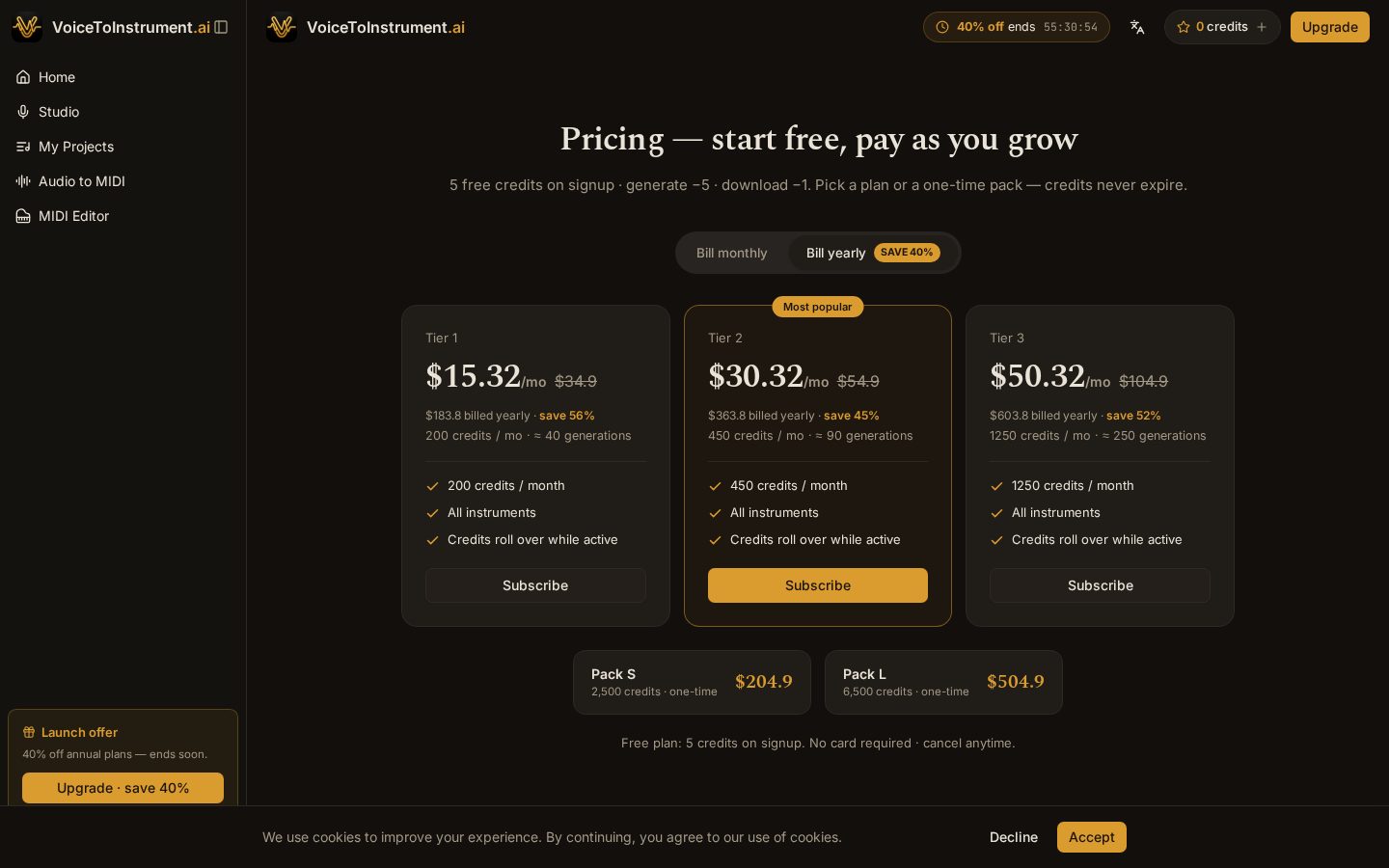 VoiceToInstrument.ai Pricing