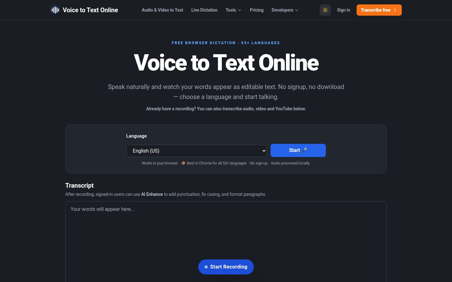 VoiceToTextOnline Homepage
