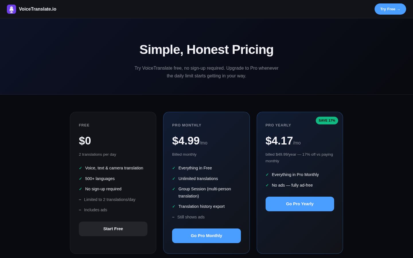 VoiceTranslate.io Pricing