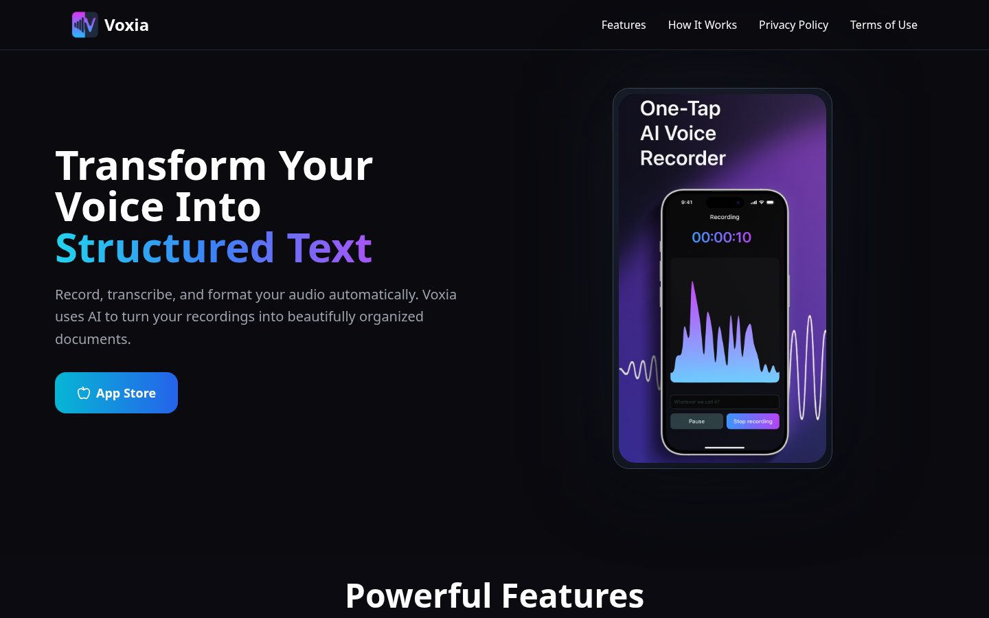 Voxia Transcribe Audio Homepage
