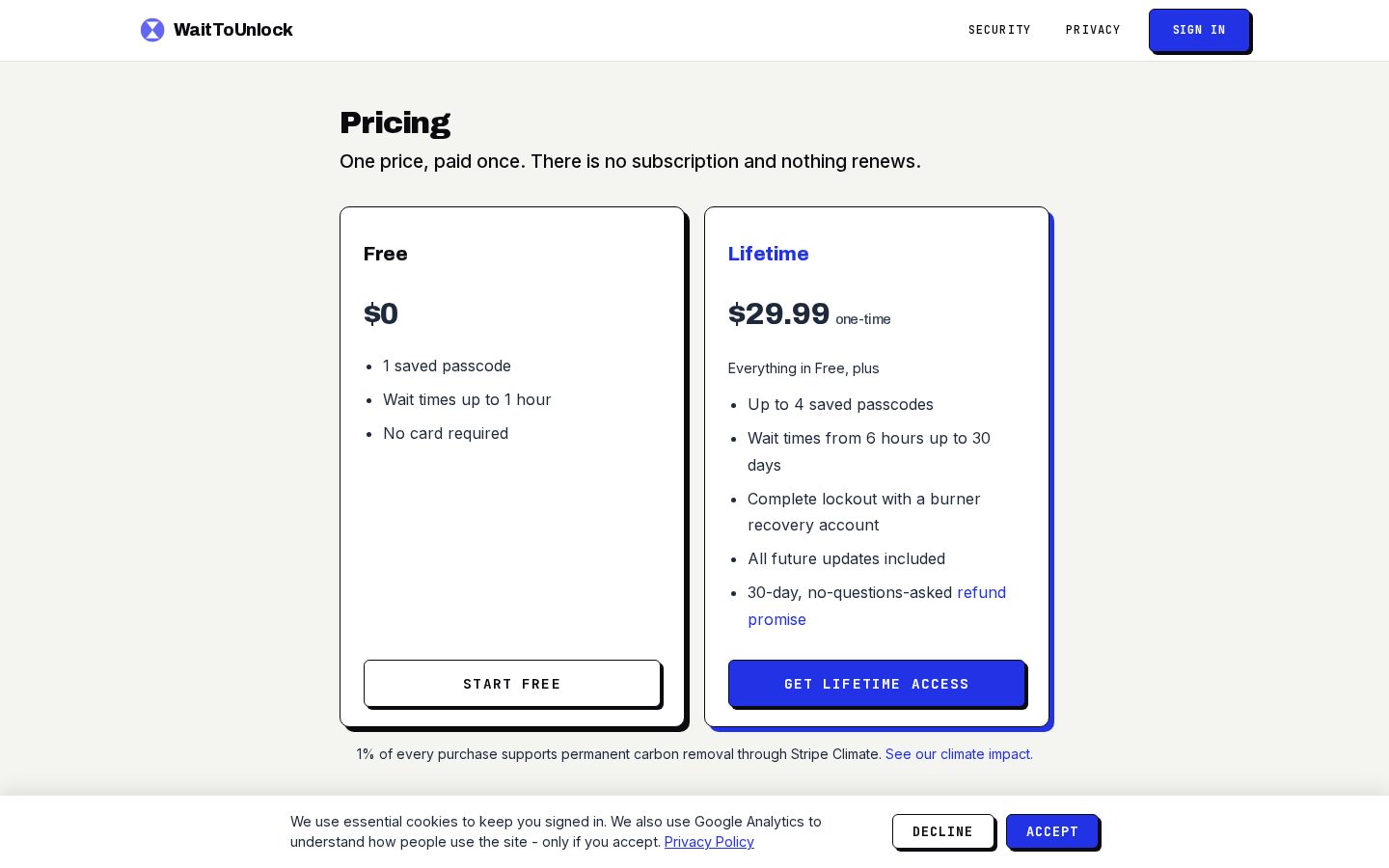 WaitToUnlock Pricing