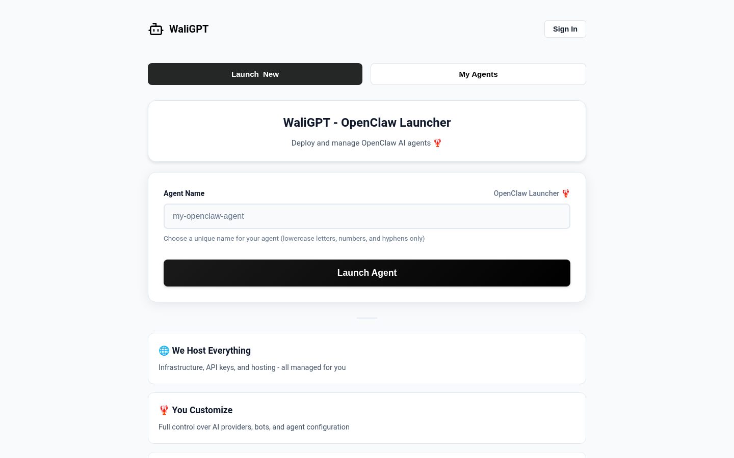 WaliGPT - One-Click OpenClaw Agents Homepage