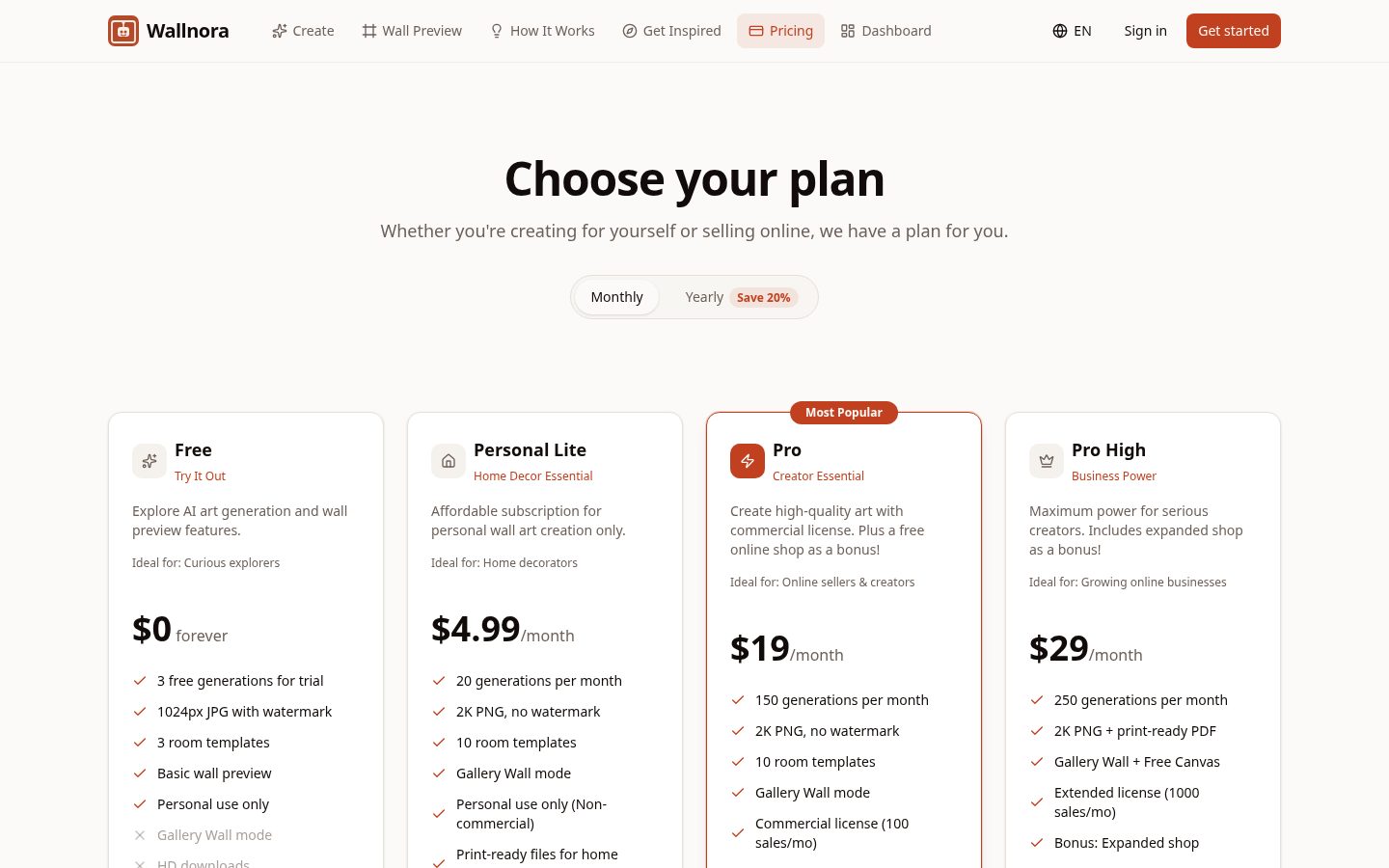 Wallnora Pricing