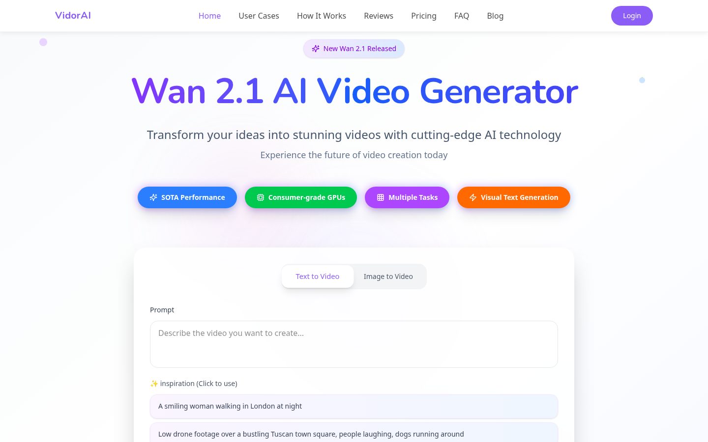 Wan 2.1 AI Video Generator Homepage