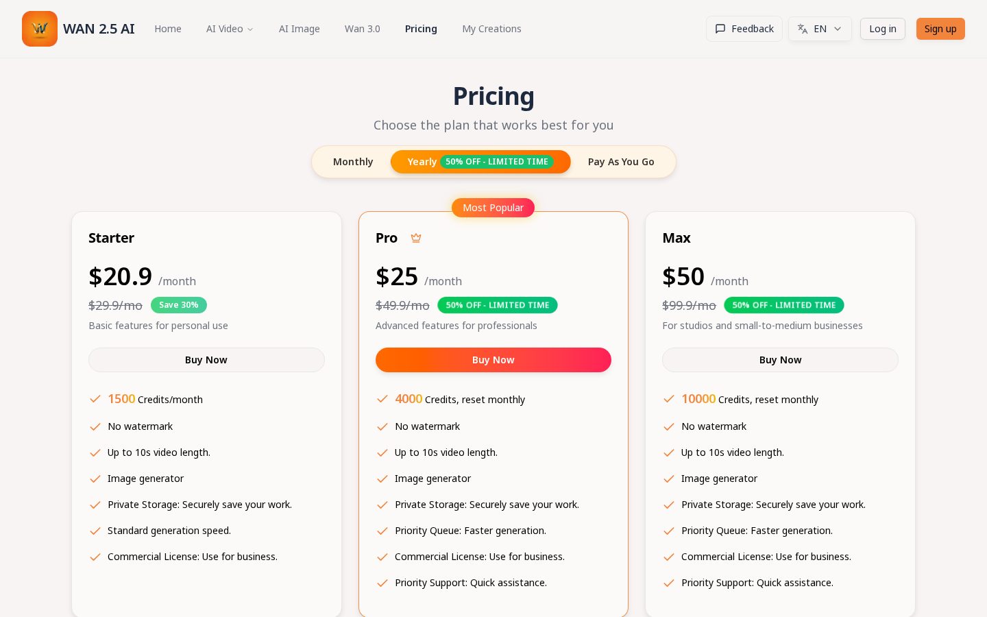Wan 2.5 AI Video Generator Pricing