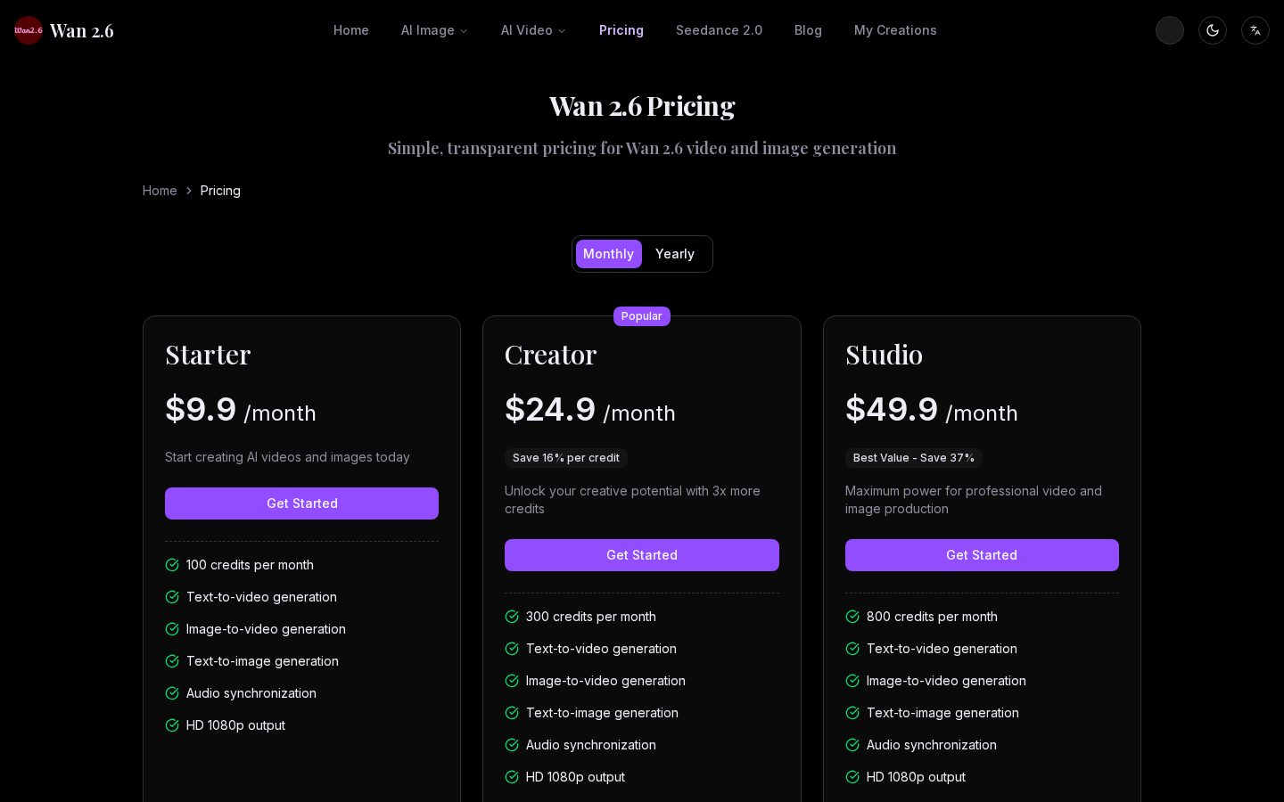 Wan 2.6 Pricing
