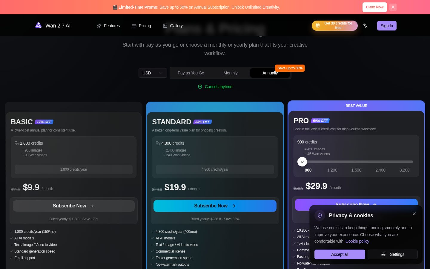 Wan 2.7 AI Video Generator Pricing