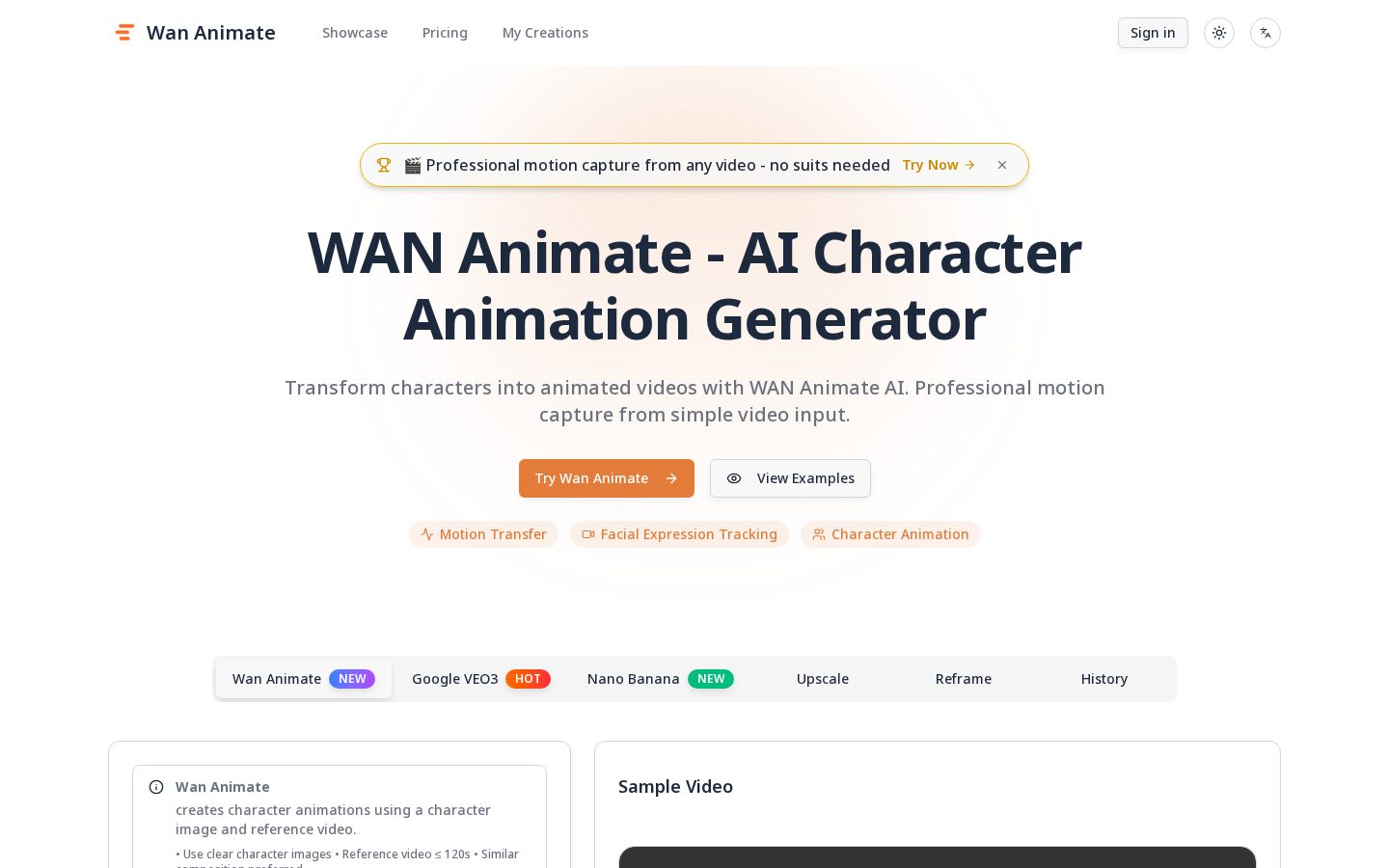 WAN Animate - AI Character Animation Tool Homepage
