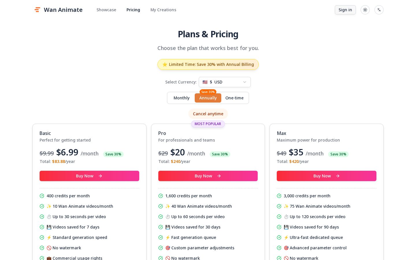 WAN Animate - AI Character Animation Tool Pricing
