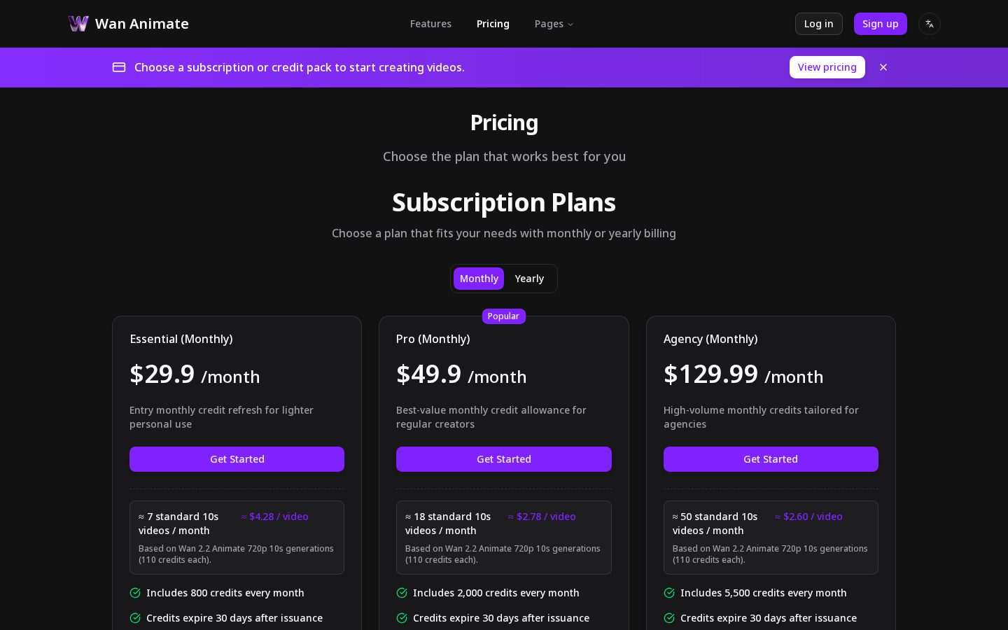 Wan animate Pricing